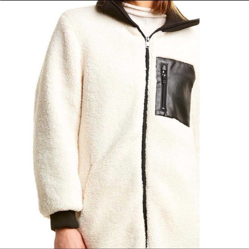 NVLT Anthropologie cream sherpa fleece longline jacket w/ faux leather accent - Picture 2 of 12